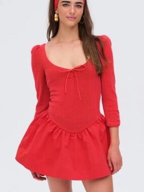 For Love And Lemons Red Scoop-Neck Mini Dress with Puff Shoulders